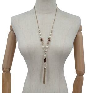 Ann Taylor Factory Tassel Necklace Goldtone Long Y Rhinestone Simulated Pearl